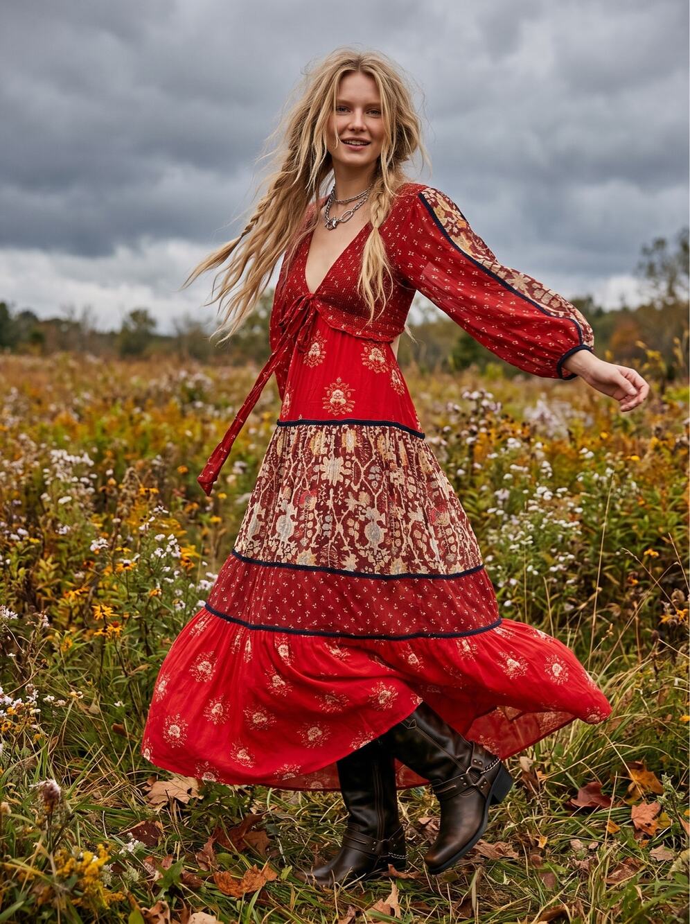 Free People Bohemian Gypsy Witchy Bali Laurel Maxi Dress Medium Patchwork 70s